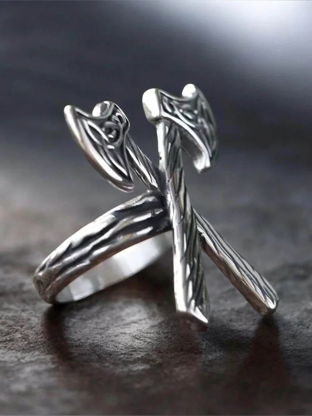 Stainless steel Viking double axe ring size 11